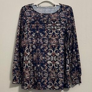 NWOT, Women’s Long Sleeve Navy and Brown Blouse, Size Small